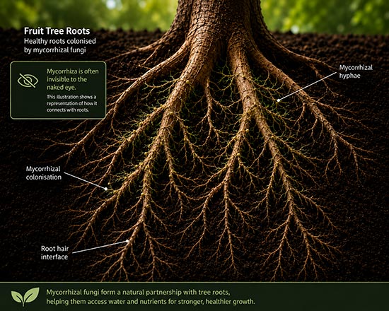 Illustration of a fruit tree root system showing healthy roots colonized by mycorrhizal fungi, with labeled sections highlighting mycorrhizal colonization, hyphae, and the root hair interface. Text explains the mutual benefits for tree health and demonstrates how Rootgrow mycorrhizal fungi enhance nutrient uptake and support vigorous growth.
