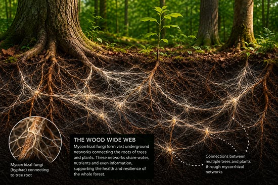 Diagram of tree roots and Mycorrhizal Fungi networks underground, showing interconnections between trees and plants. Labels explain how these fungi (hyphae) link roots, sharing water, nutrients, and information across the forest to highlight the benefits of this remarkable underground partnership.
